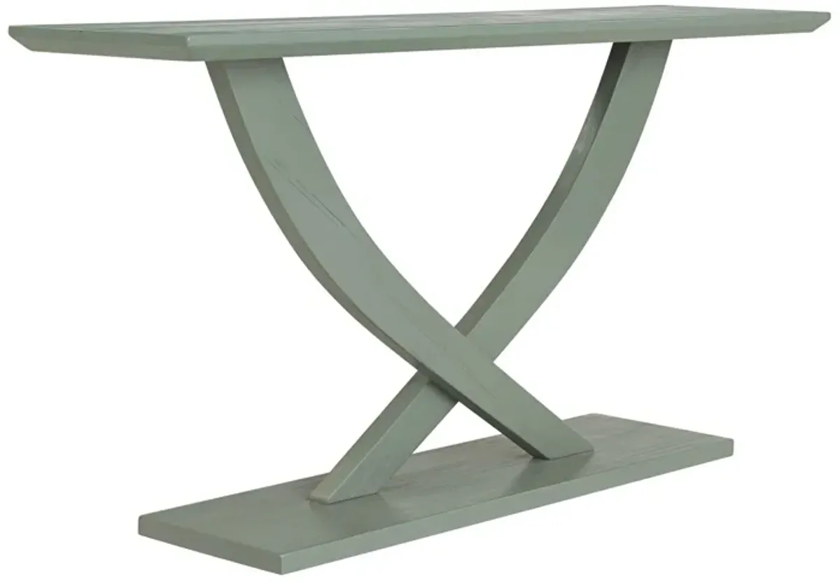 Rase 57 Inch Console Table, Cross Leg Design, Pedestal Base, Gray Green - Benzara