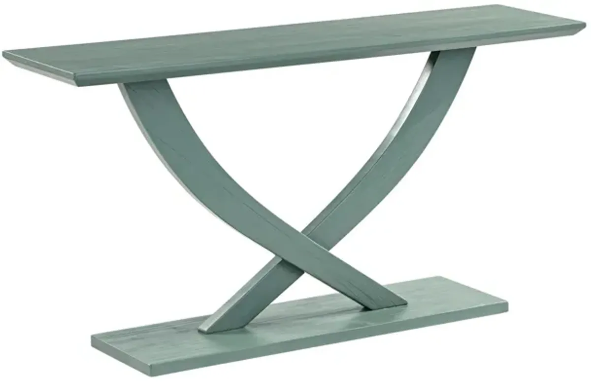 Rase 57 Inch Console Table, Cross Leg Design, Pedestal Base, Gray Green - Benzara