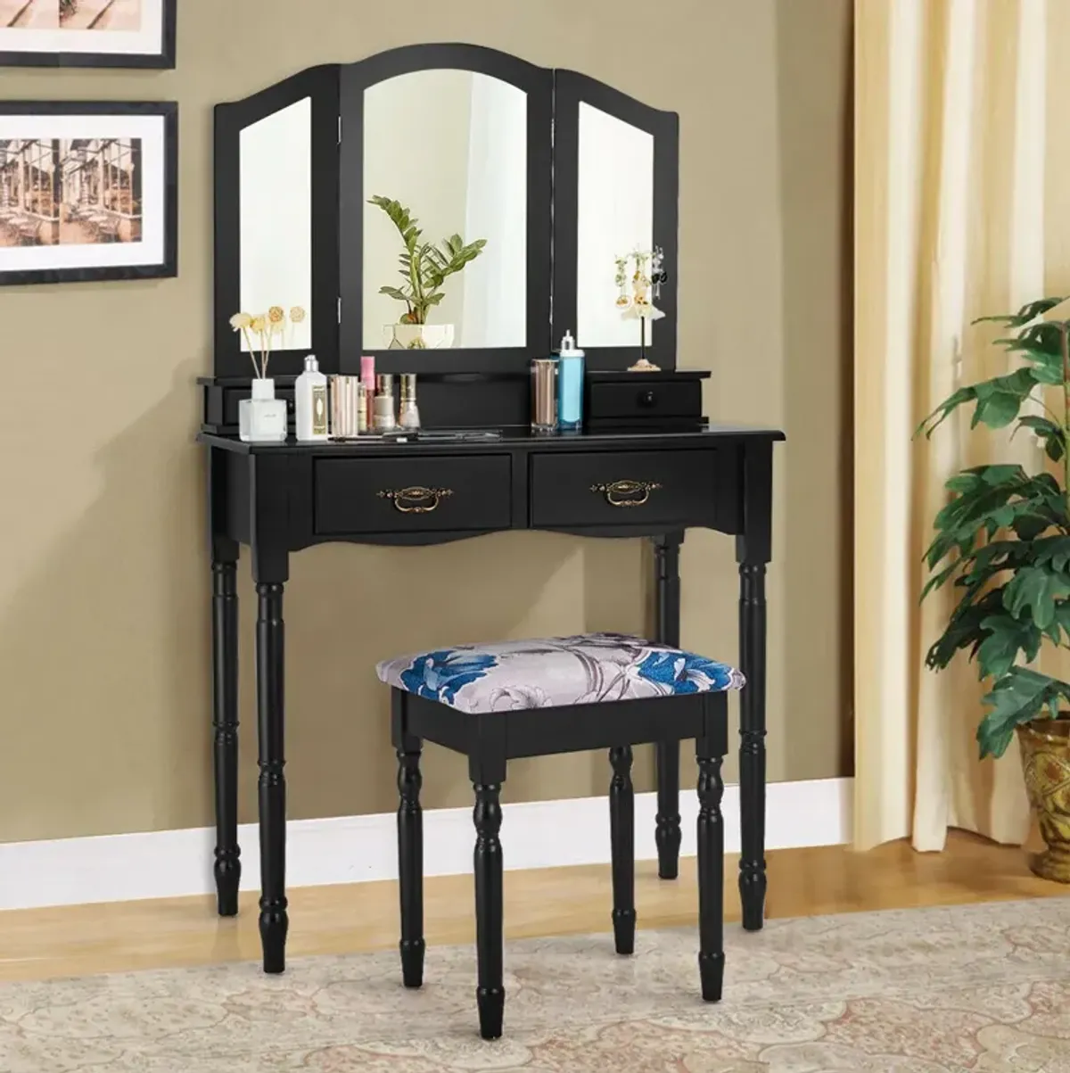 Simple Vanity Set with Tri-Folding Mirror Drawers and Storage Shelf