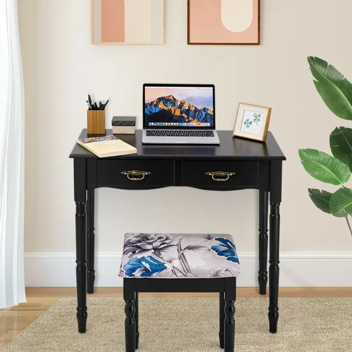 Simple Vanity Set with Tri-Folding Mirror Drawers and Storage Shelf