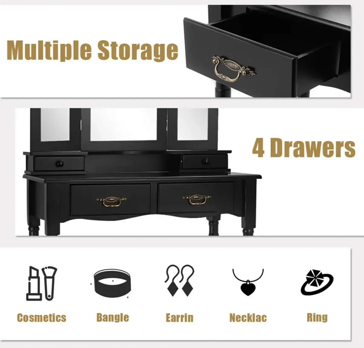 Simple Vanity Set with Tri-Folding Mirror Drawers and Storage Shelf