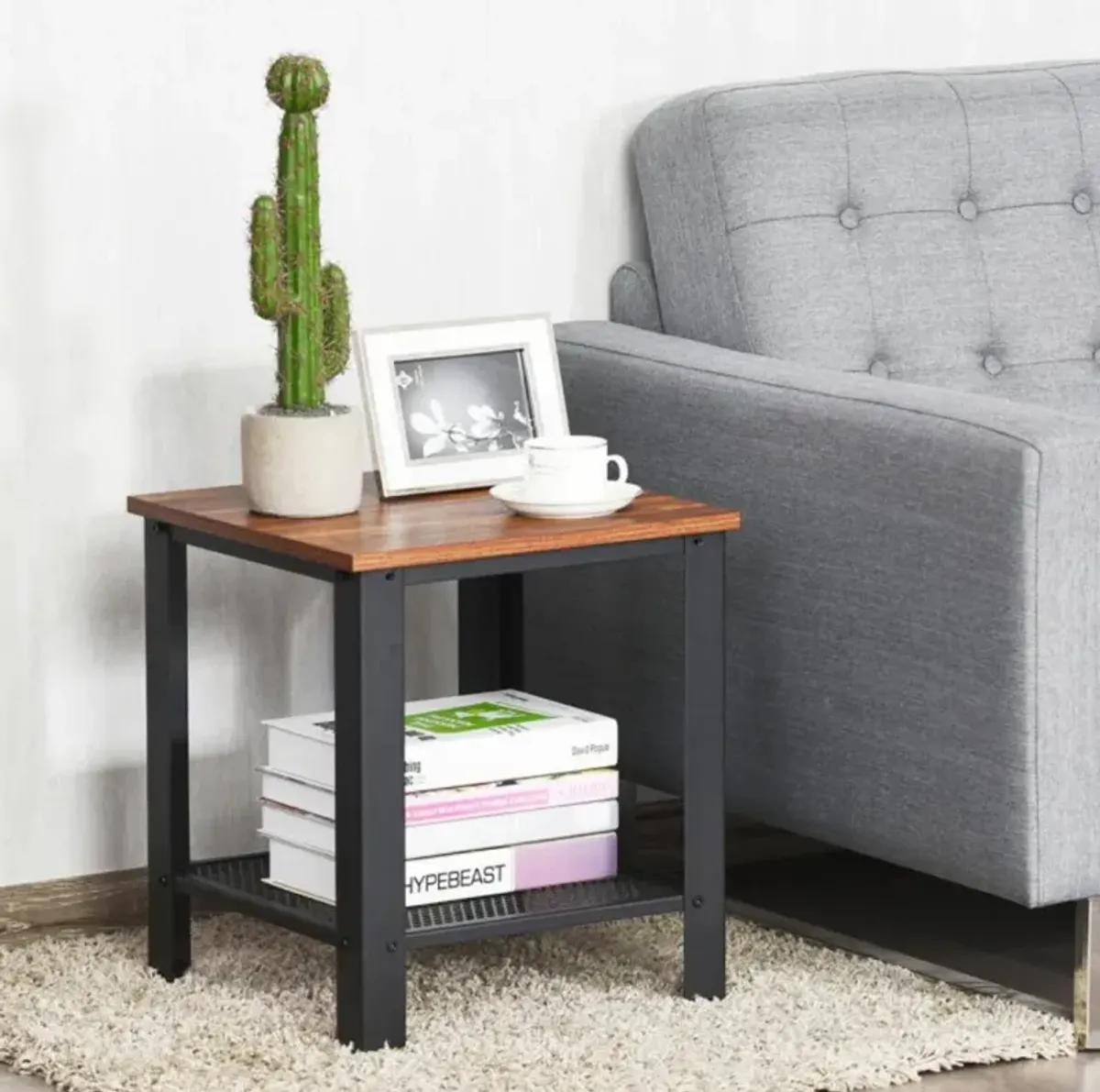 Hivvago Industrial End Table 2-Tier Side Table-Black