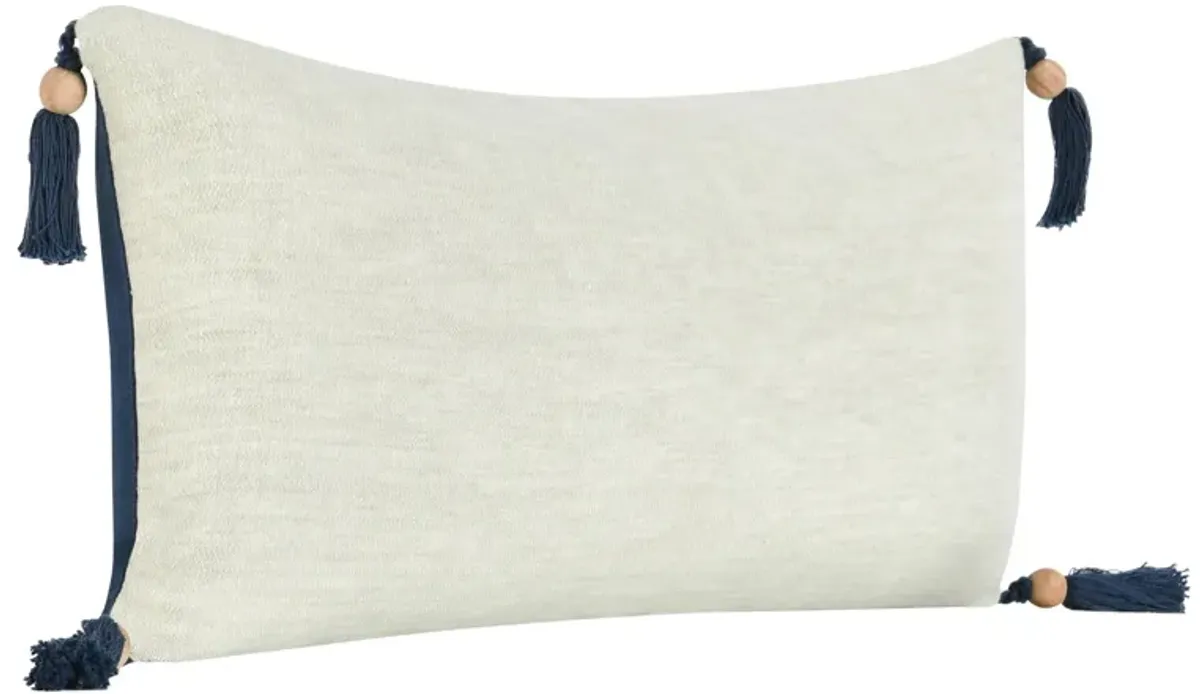 Chia Lumbar Throw Pillow, 16x36in Wood Bead Tassels, Light Gray Linen - Benzara