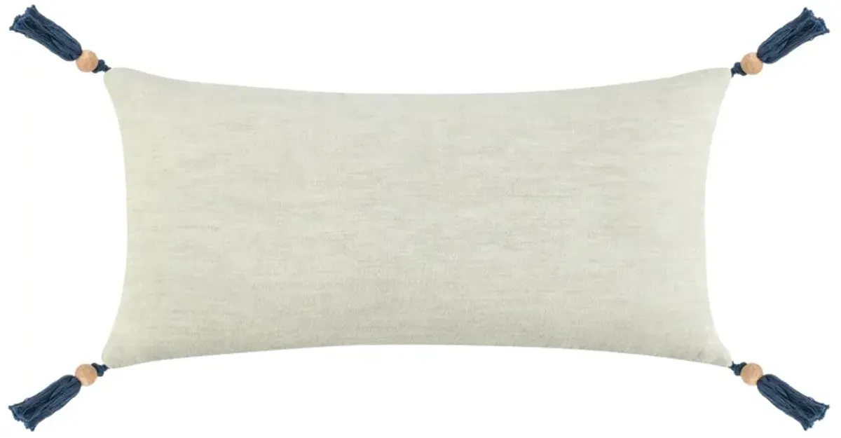 Chia Lumbar Throw Pillow, 16x36in Wood Bead Tassels, Light Gray Linen - Benzara