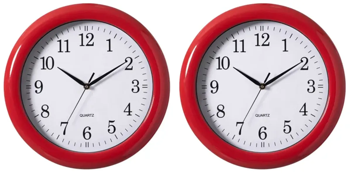 Set of 2 13.75 Inch Plastic White Round Silent, Non-Ticking Battery Operated Simple Modern Analog Wall Clock. Perfect for Office, Classroom, Living Room, Dining Room, Bed Room and Kitchen Wall Decor.