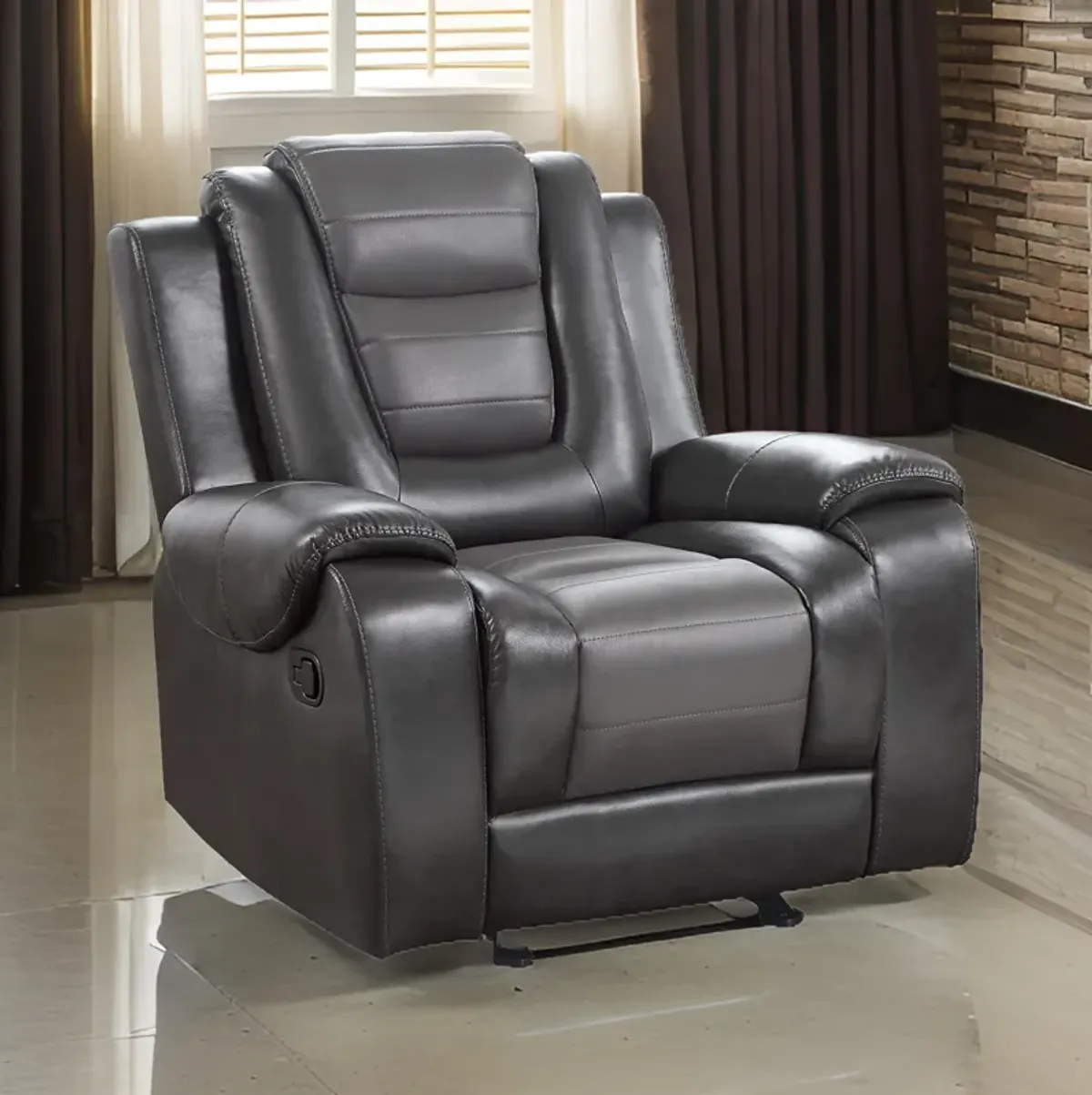 Istro 39 Inch Glider Manual Recliner Chair, 2 Tone Gray Faux Leather - Benzara