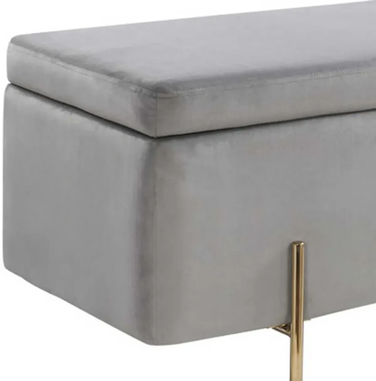 Jaxon 45 Inch Storage Bench with Wood Frame, Gold Metal Legs, Gray Velvet-Benzara