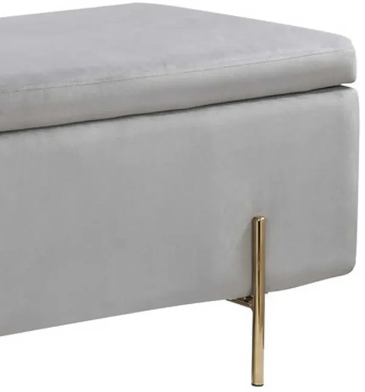 Jaxon 45 Inch Storage Bench with Wood Frame, Gold Metal Legs, Gray Velvet-Benzara