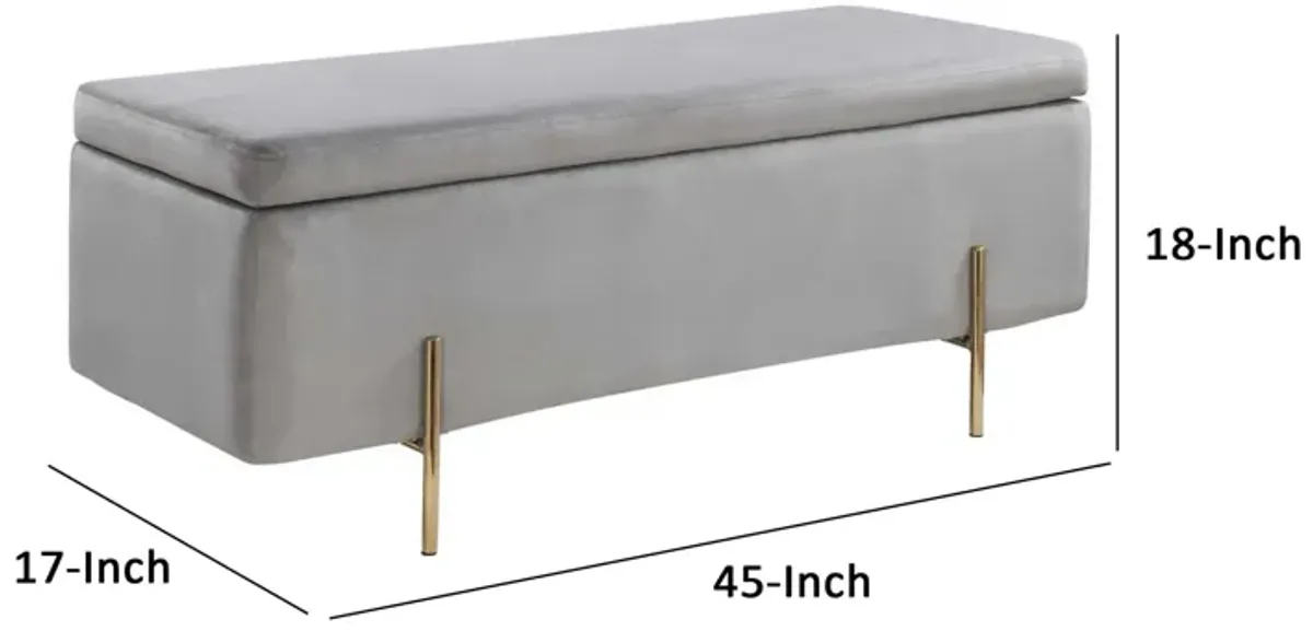 Jaxon 45 Inch Storage Bench with Wood Frame, Gold Metal Legs, Gray Velvet-Benzara