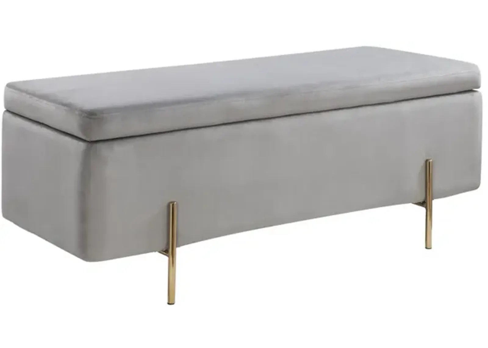 Jaxon 45 Inch Storage Bench with Wood Frame, Gold Metal Legs, Gray Velvet-Benzara