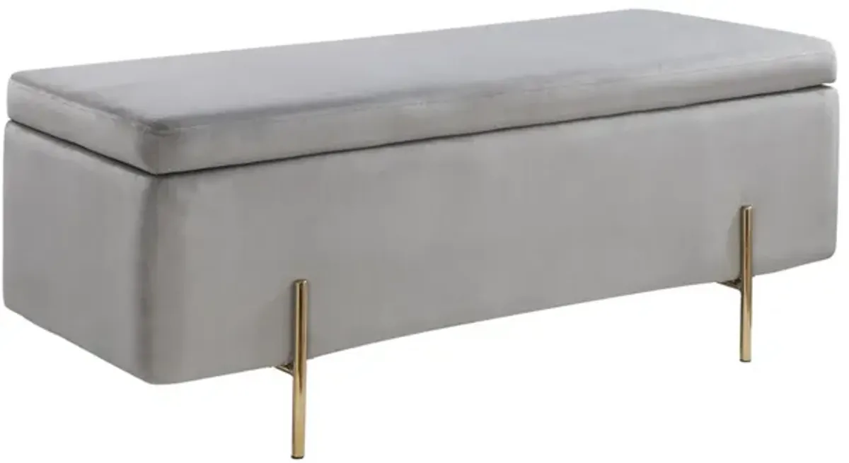 Jaxon 45 Inch Storage Bench with Wood Frame, Gold Metal Legs, Gray Velvet-Benzara