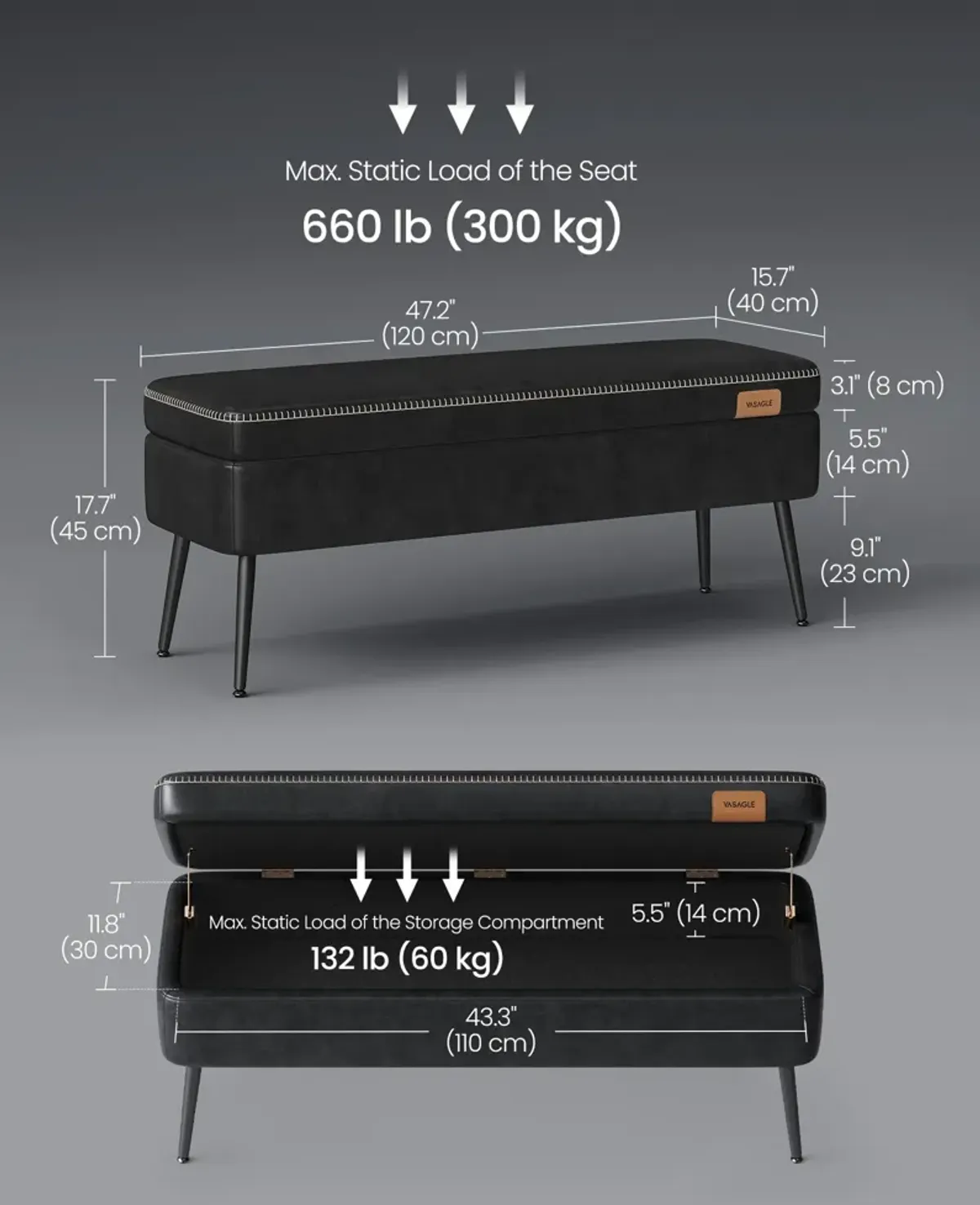 Storage Ottoman Bench with Steel Legs