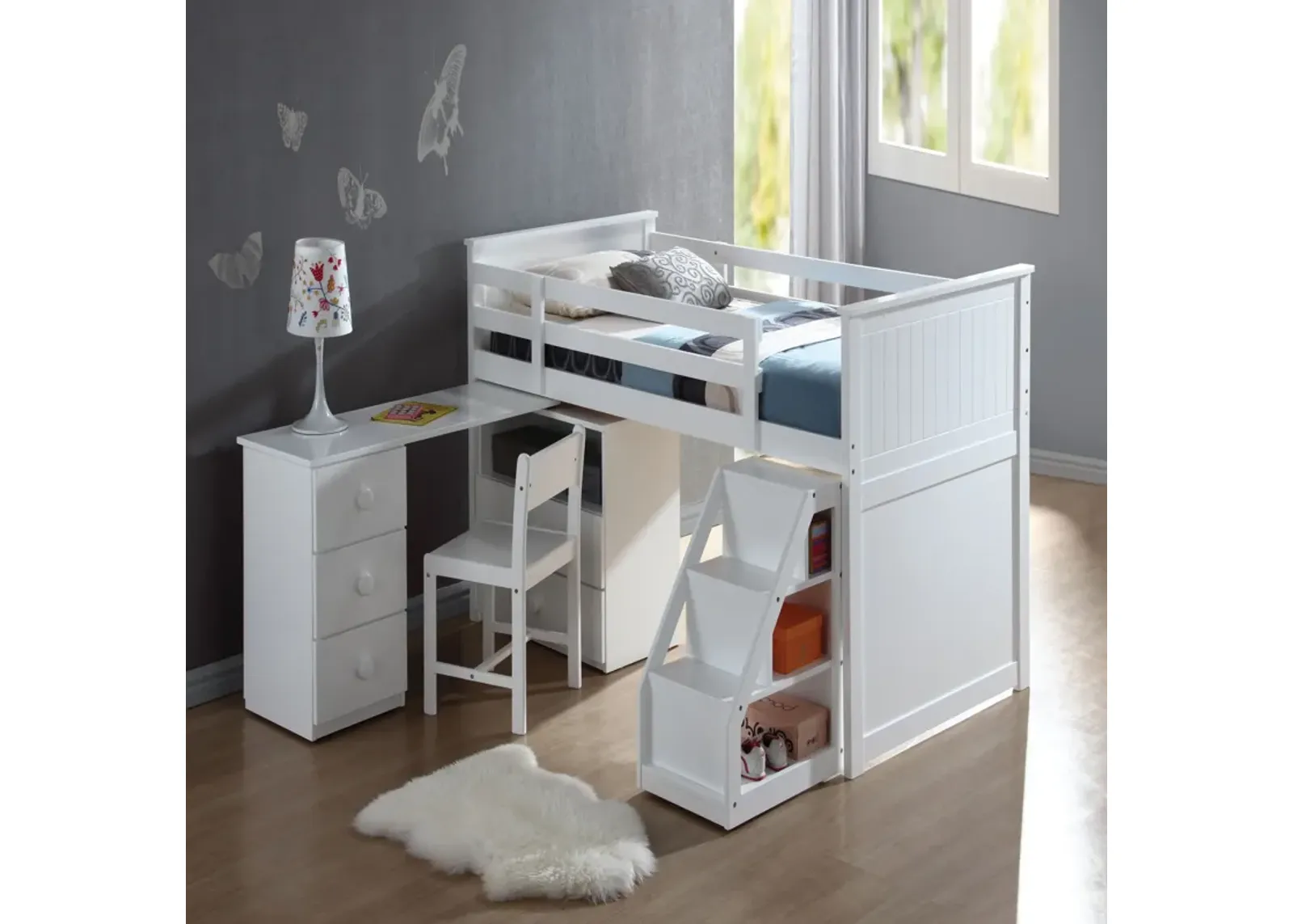 Wyatt Loft Bed, Chest, Desk & Ladder In White-Benzara