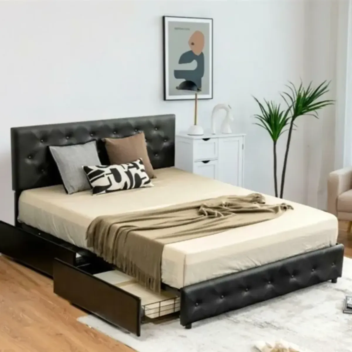 Hivvago Full Size Black PU Leather Button Tufted Platform Bed with 4 Storage Drawers