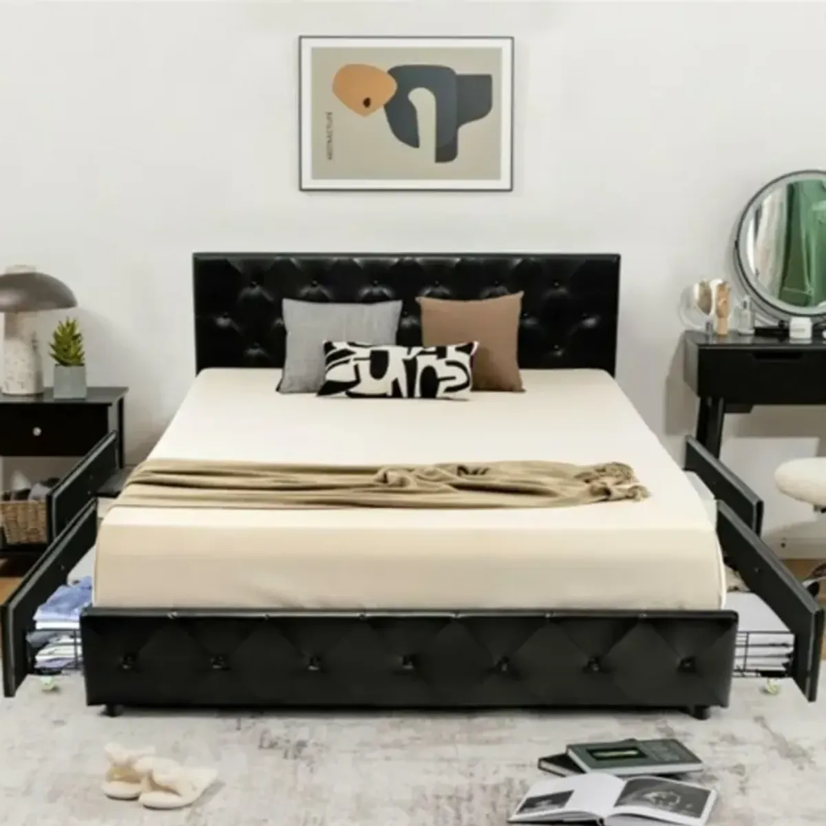 Hivvago Full Size Black PU Leather Button Tufted Platform Bed with 4 Storage Drawers