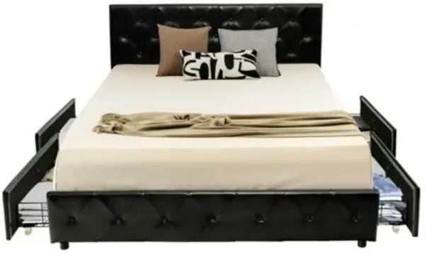 Hivvago Full Size Black PU Leather Button Tufted Platform Bed with 4 Storage Drawers