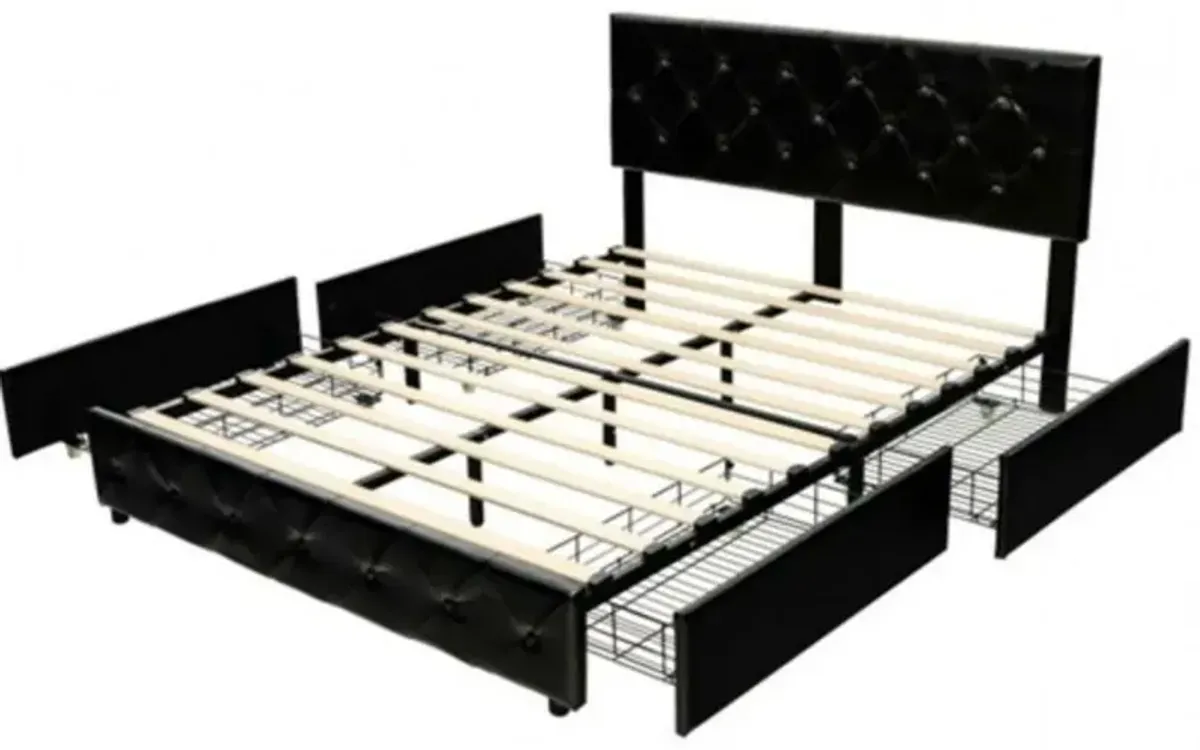 Hivvago Full Size Black PU Leather Button Tufted Platform Bed with 4 Storage Drawers