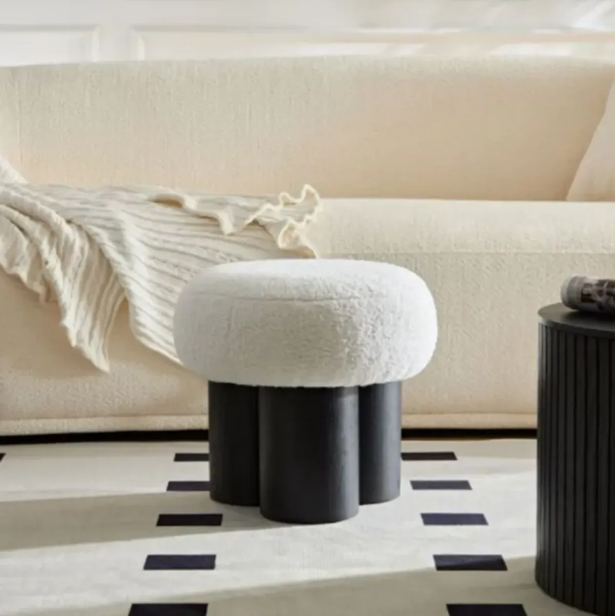 Beige mushroom stool, brown lamb wool seat, barrel PVC pipe with walnut veneer