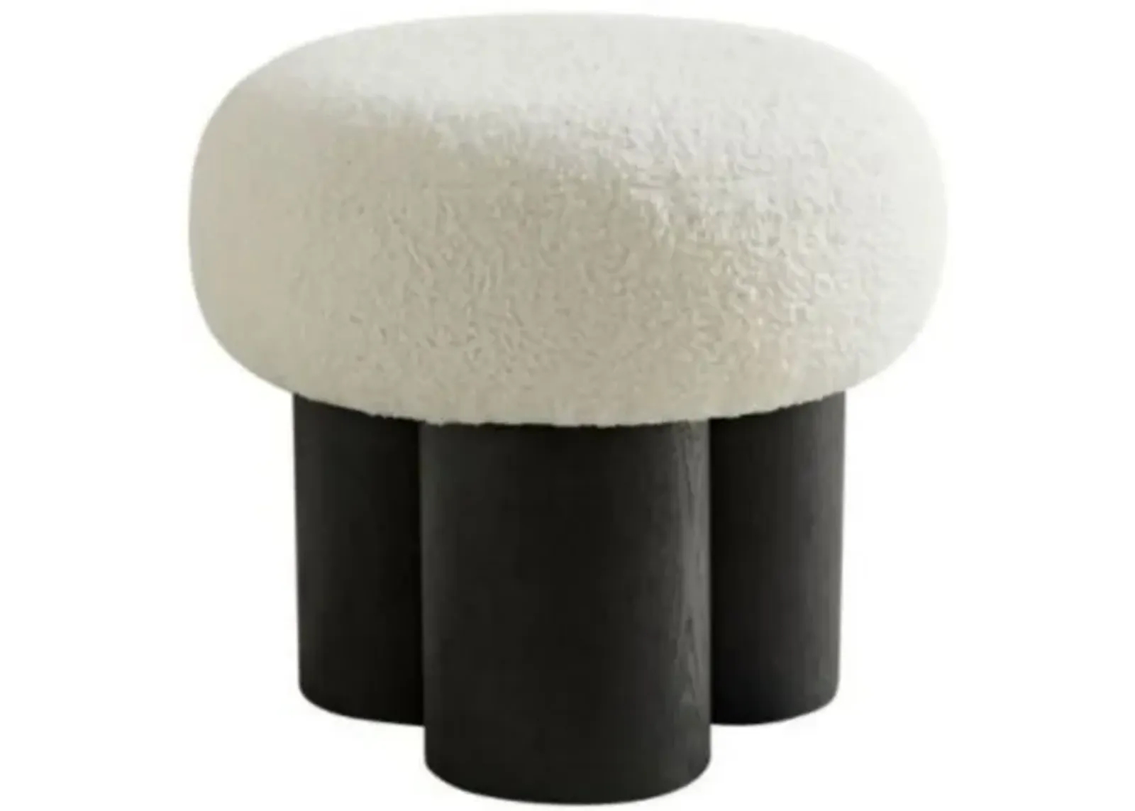 Beige mushroom stool, brown lamb wool seat, barrel PVC pipe with walnut veneer