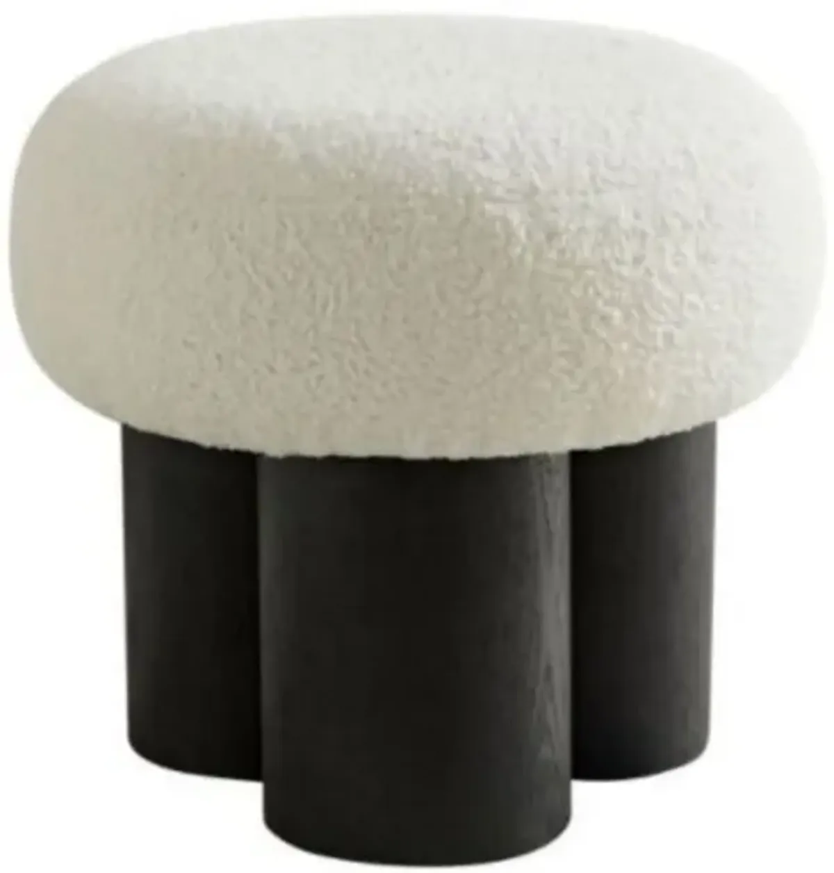 Beige mushroom stool, brown lamb wool seat, barrel PVC pipe with walnut veneer