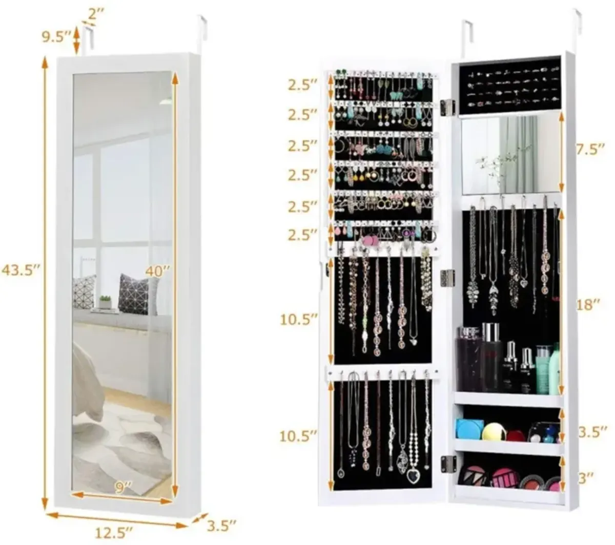 Hivvago Full Length Mirror Jewelry Cabinet with Ring Slots and Necklace Hooks