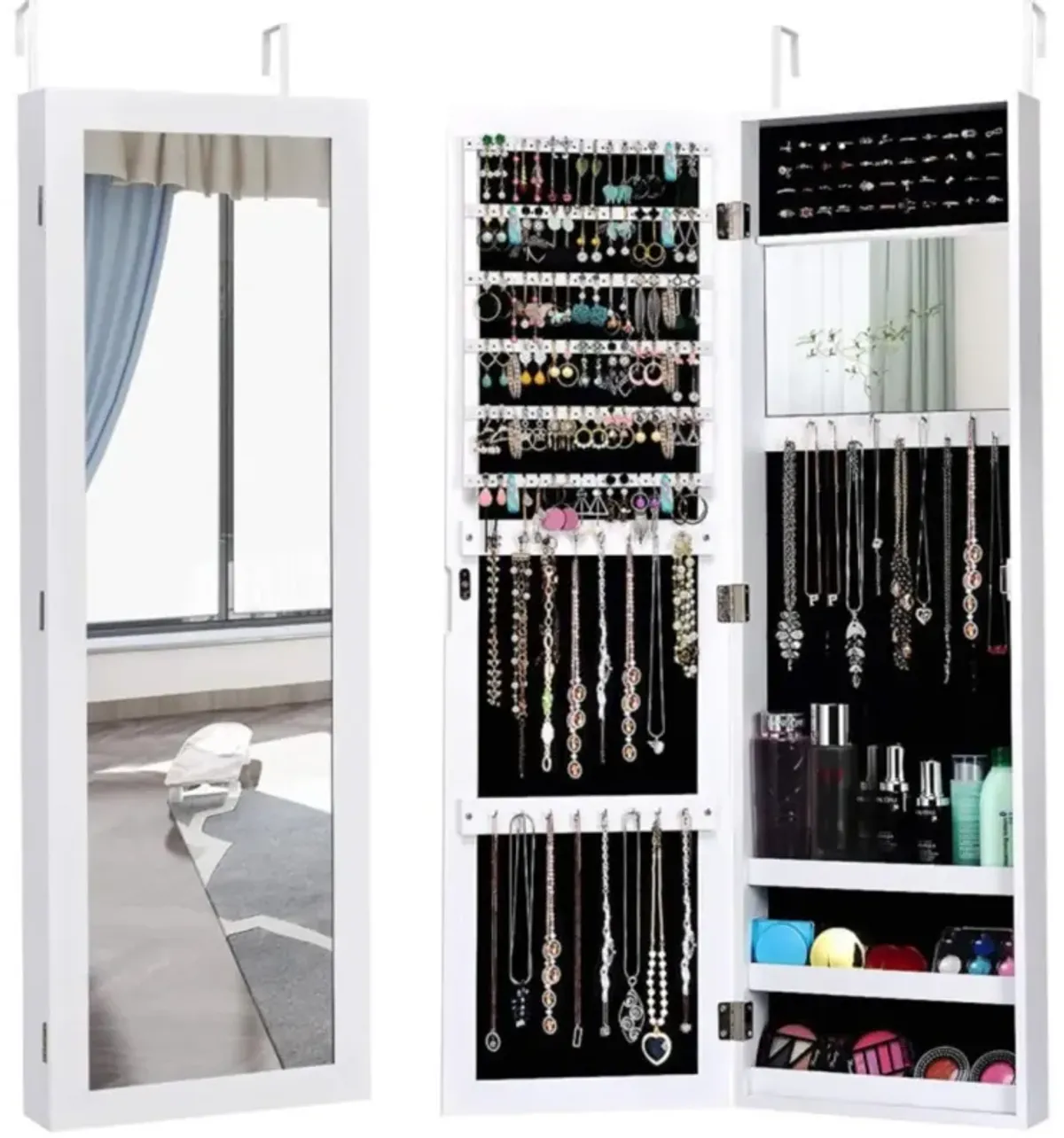 Hivvago Full Length Mirror Jewelry Cabinet with Ring Slots and Necklace Hooks