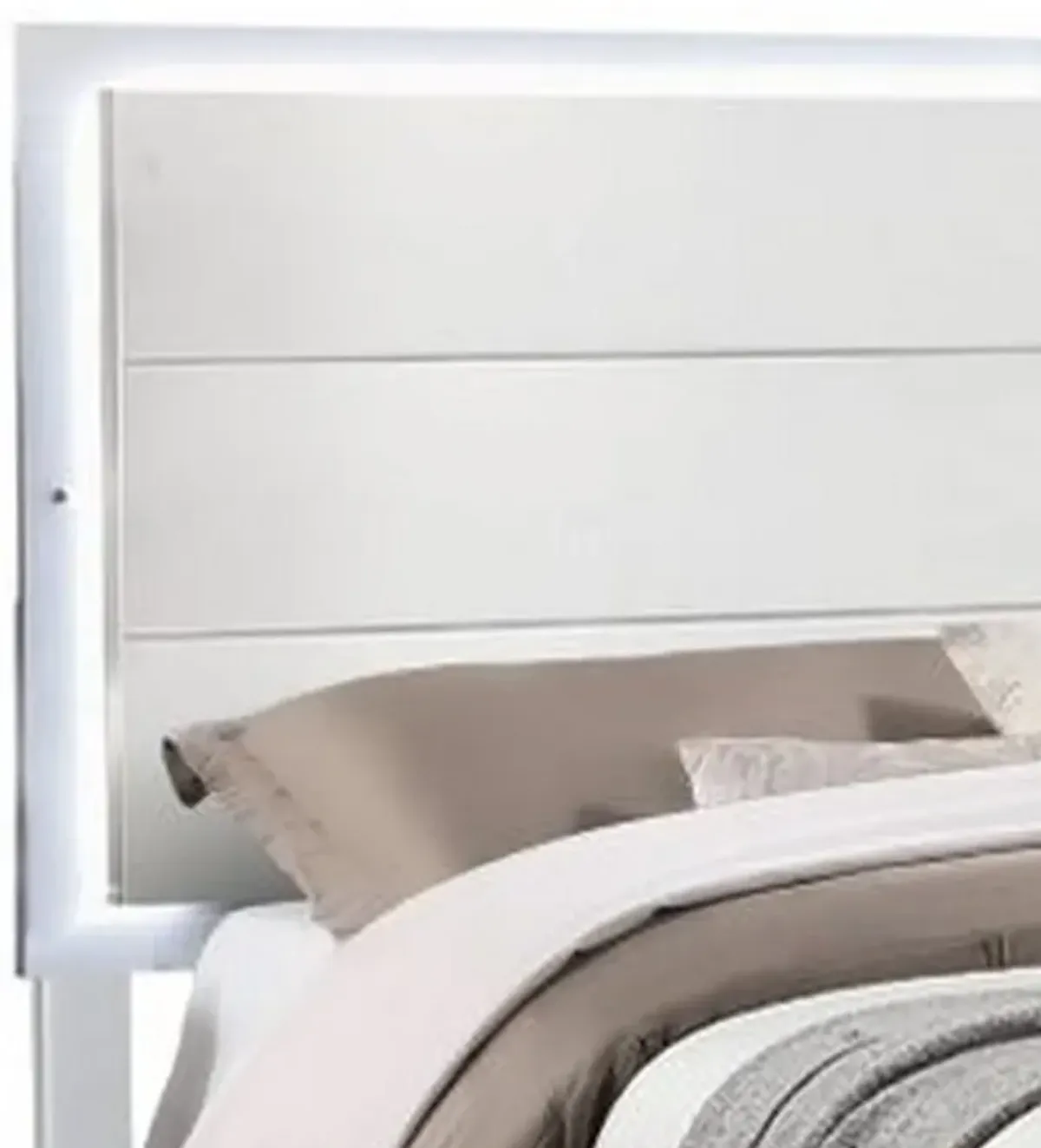 Vin Modern Queen Size Bed, Panel Headboard, LED Light, Crisp White Finish-Benzara