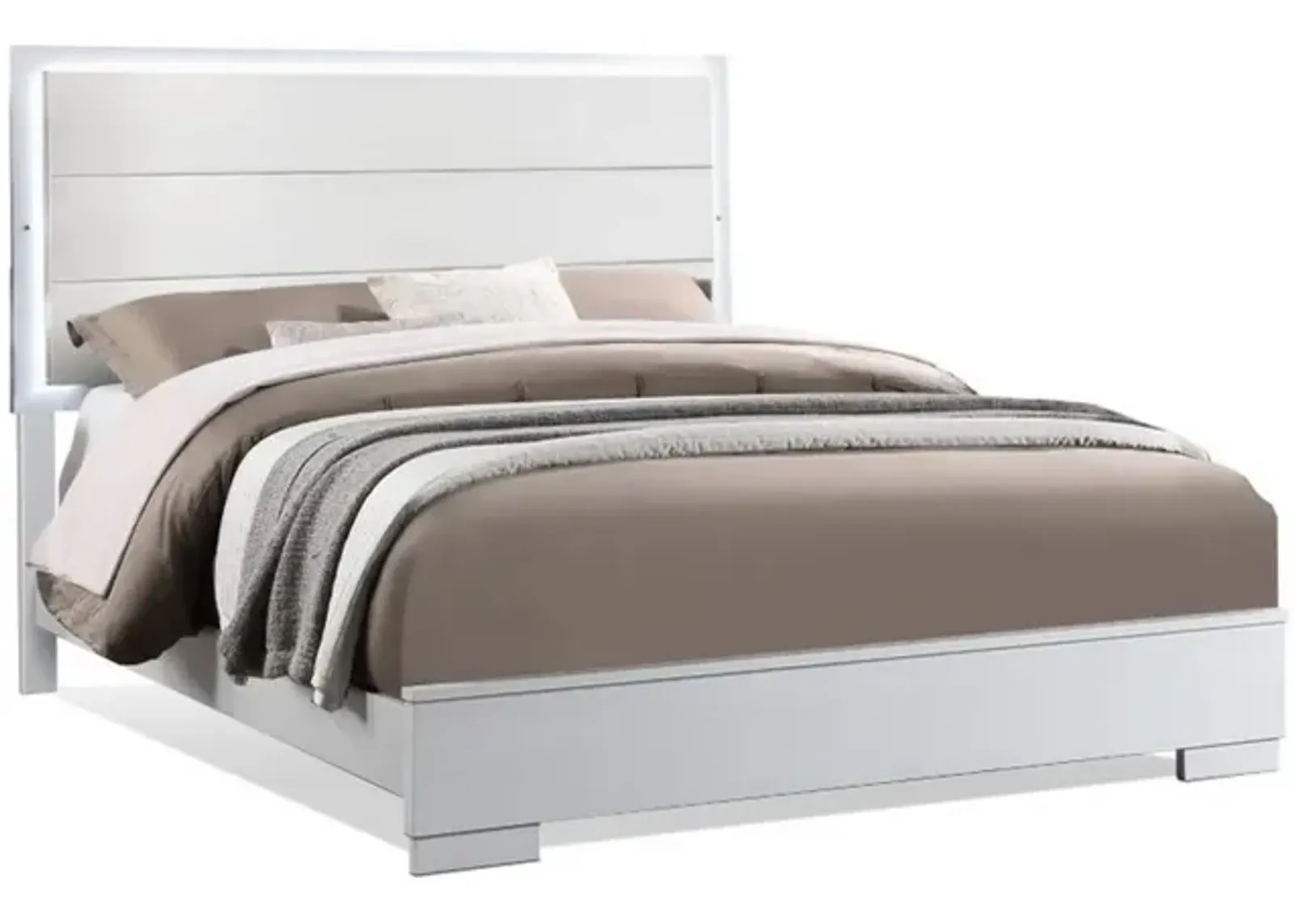 Vin Modern Queen Size Bed, Panel Headboard, LED Light, Crisp White Finish-Benzara