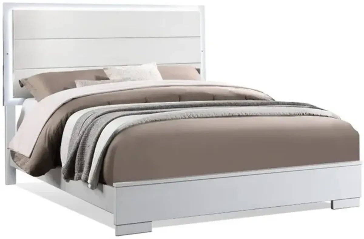 Vin Modern Queen Size Bed, Panel Headboard, LED Light, Crisp White Finish-Benzara