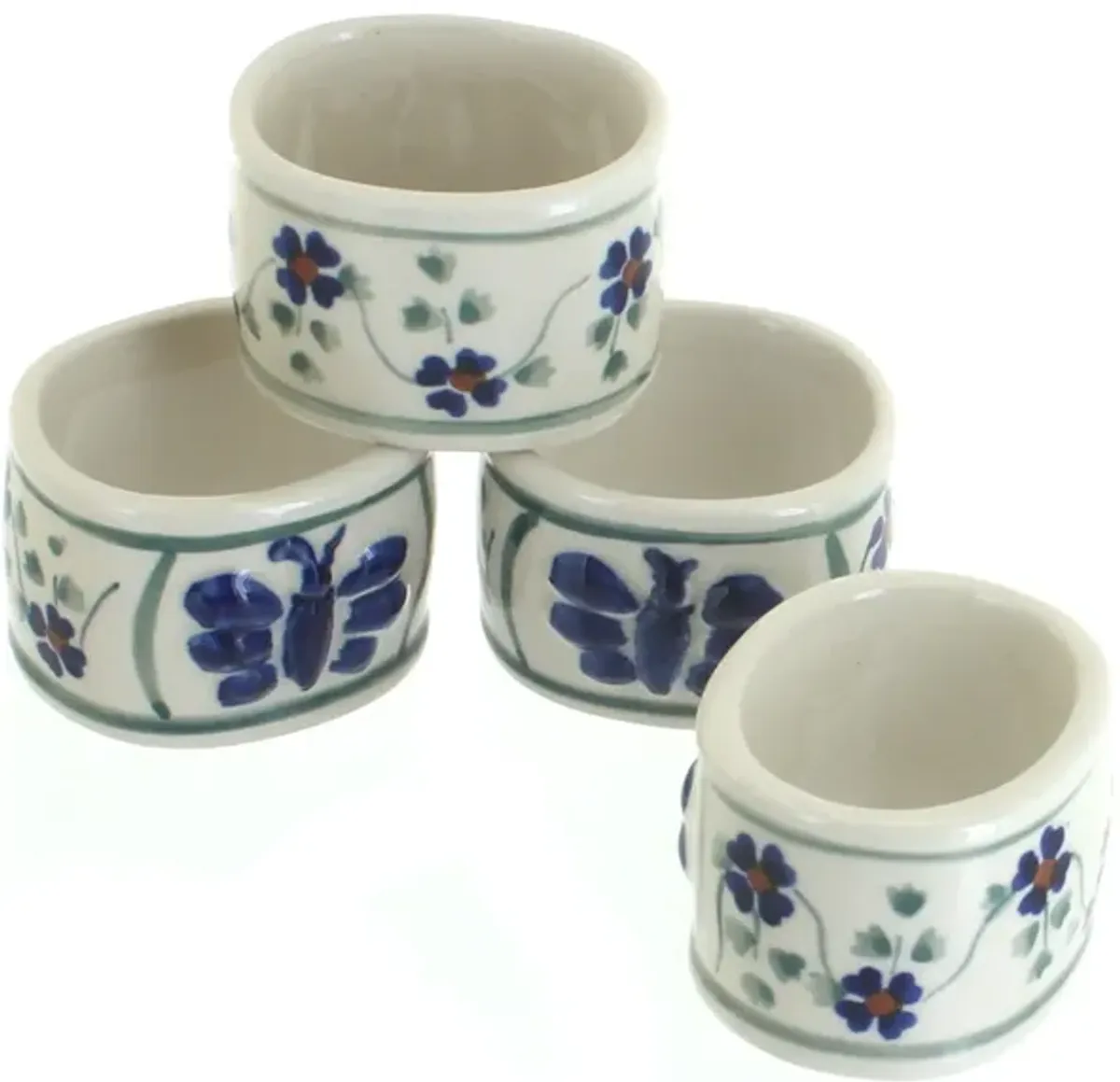 Blue Rose Polish Pottery Red Daisy Napkin Ring Set