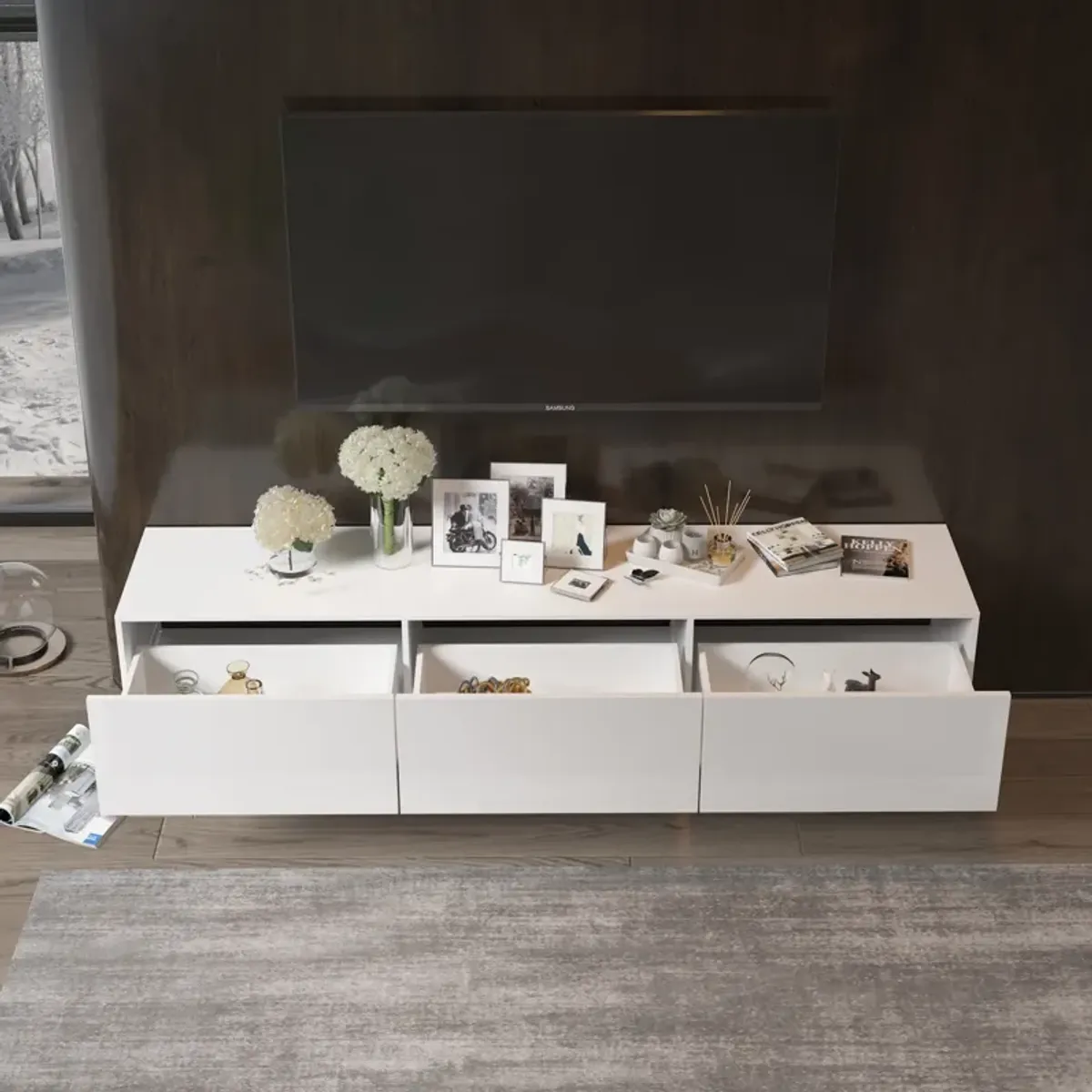 FUFU&GAGA Modern Floating TV Stand with 3 Spacious Drawers, (63" W x 13.8" D x 9.8" H),White