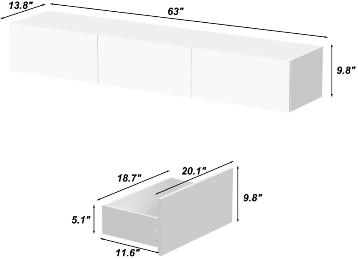 FUFU&GAGA Modern Floating TV Stand with 3 Spacious Drawers, (63" W x 13.8" D x 9.8" H),White