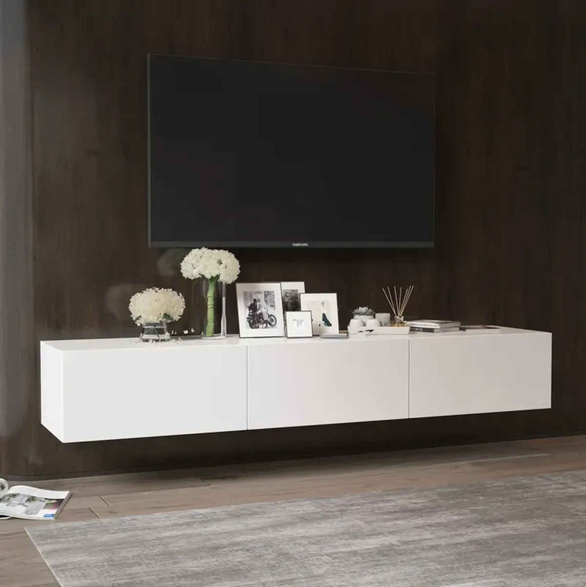 FUFU&GAGA Modern Floating TV Stand with 3 Spacious Drawers, (63" W x 13.8" D x 9.8" H),White