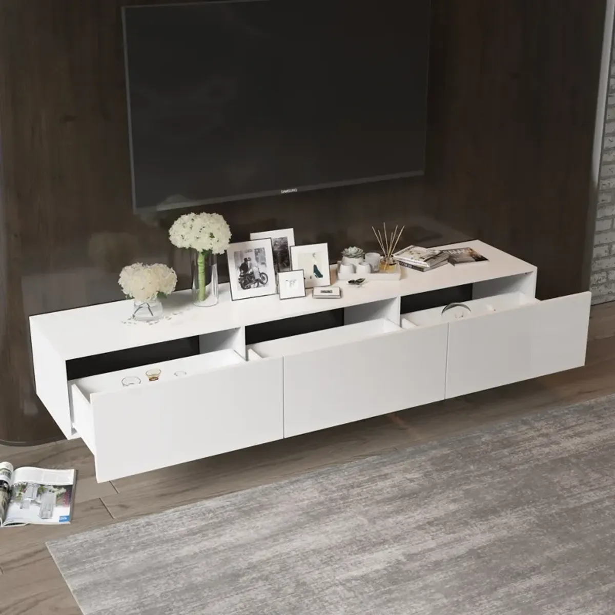 FUFU&GAGA Modern Floating TV Stand with 3 Spacious Drawers, (63" W x 13.8" D x 9.8" H),White