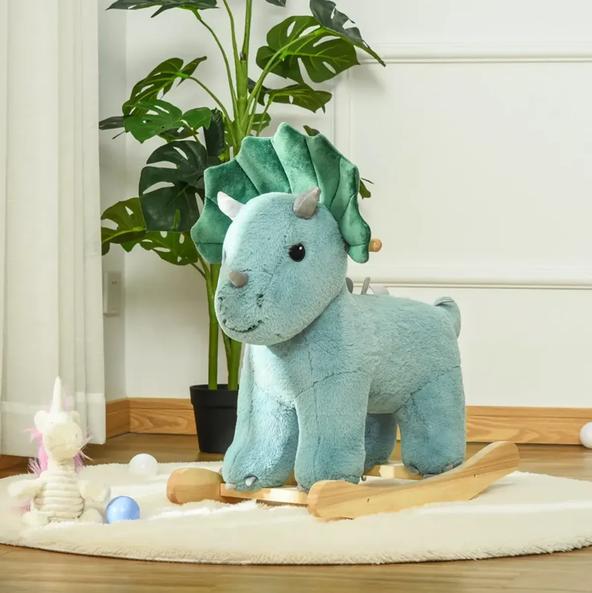 Green Dino Rocker: Triceratops Plush Rocking Horse for Toddlers 3-6 Years