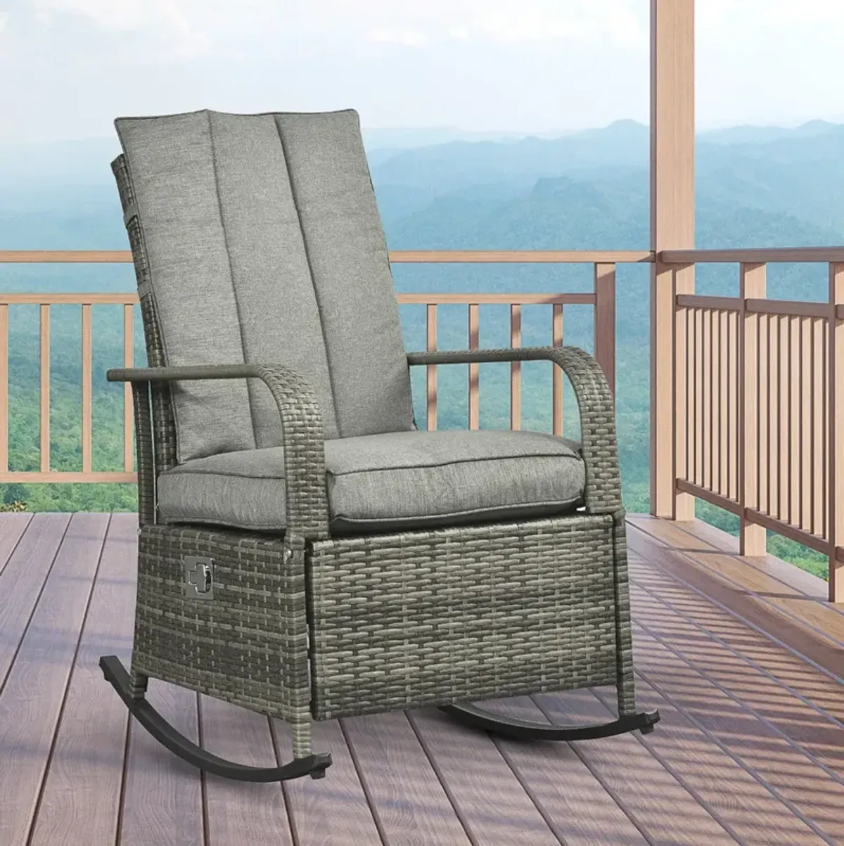 Gray Outdoor Relaxer: Rattan Rocking Chair Glider with Footrest