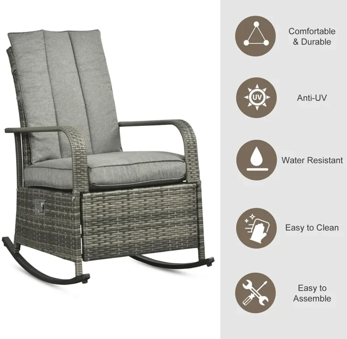 Gray Outdoor Relaxer: Rattan Rocking Chair Glider with Footrest