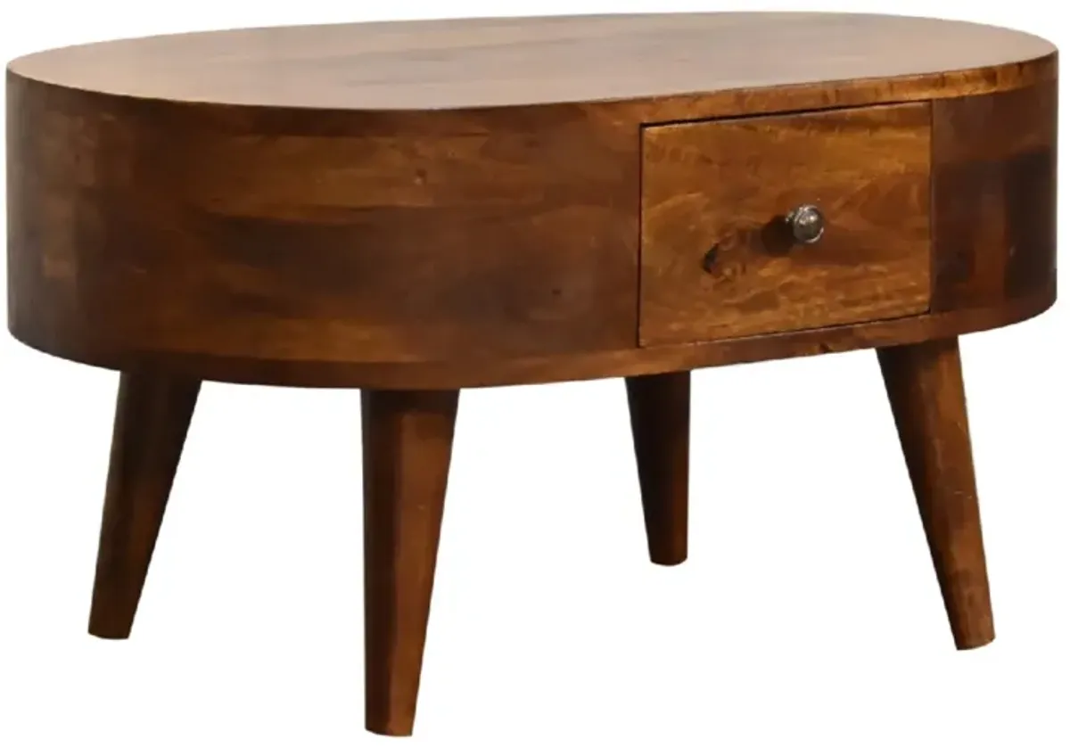 Mini Chestnut Rounded Solid Wood 1 Drawer  Coffee Table