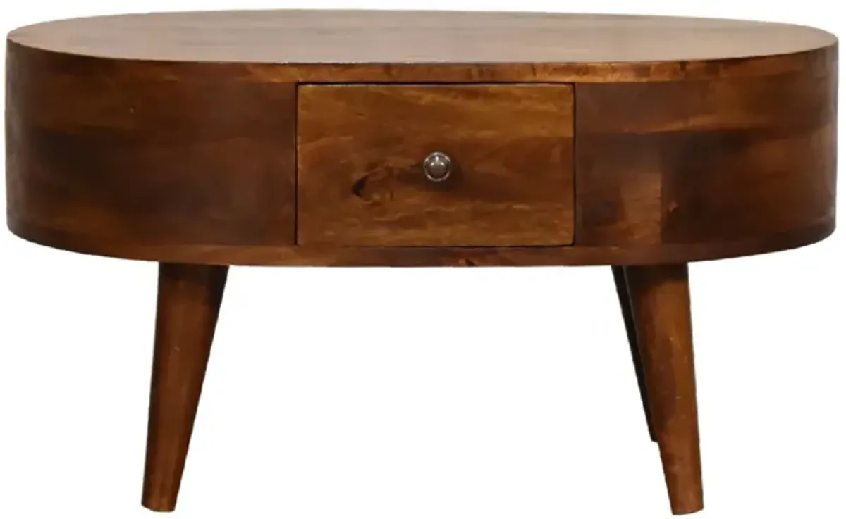 Mini Chestnut Rounded Solid Wood 1 Drawer  Coffee Table