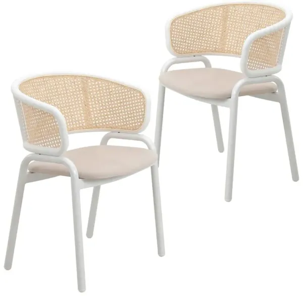 LeisureMod Dining Chair with White Powder Coated Steel Legs and Wicker Back, Set of 2