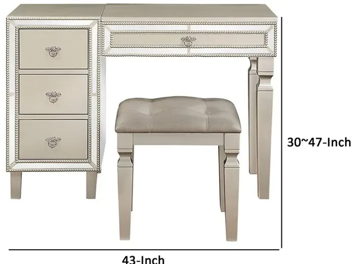 Sosi 47 Inch Vanity Desk Set, Padded Stool, Mirror Inlaid Drawers, Silver-Benzara