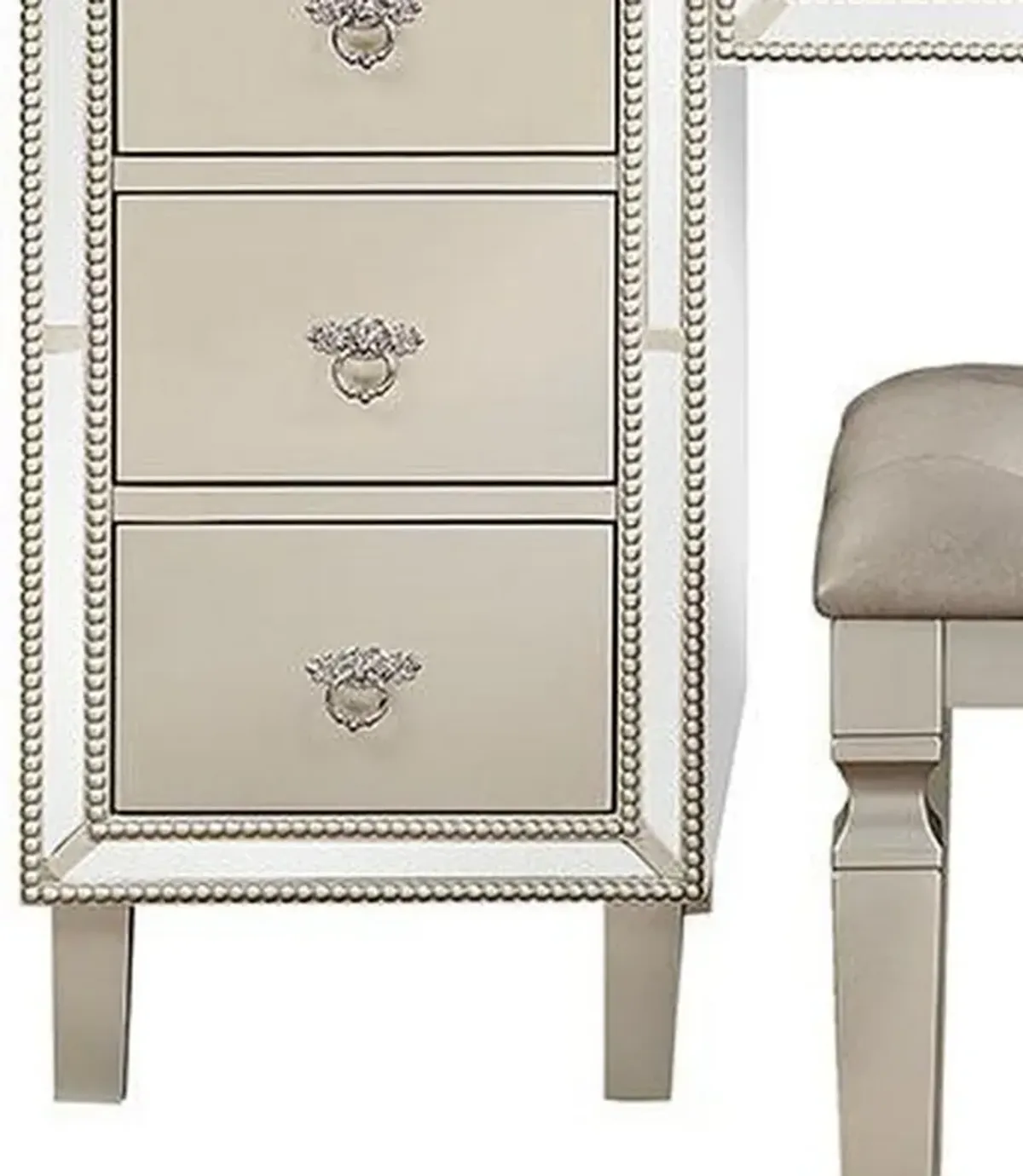 Sosi 47 Inch Vanity Desk Set, Padded Stool, Mirror Inlaid Drawers, Silver-Benzara