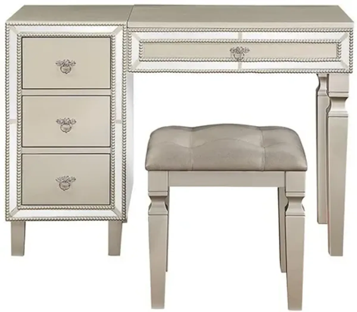 Sosi 47 Inch Vanity Desk Set, Padded Stool, Mirror Inlaid Drawers, Silver-Benzara