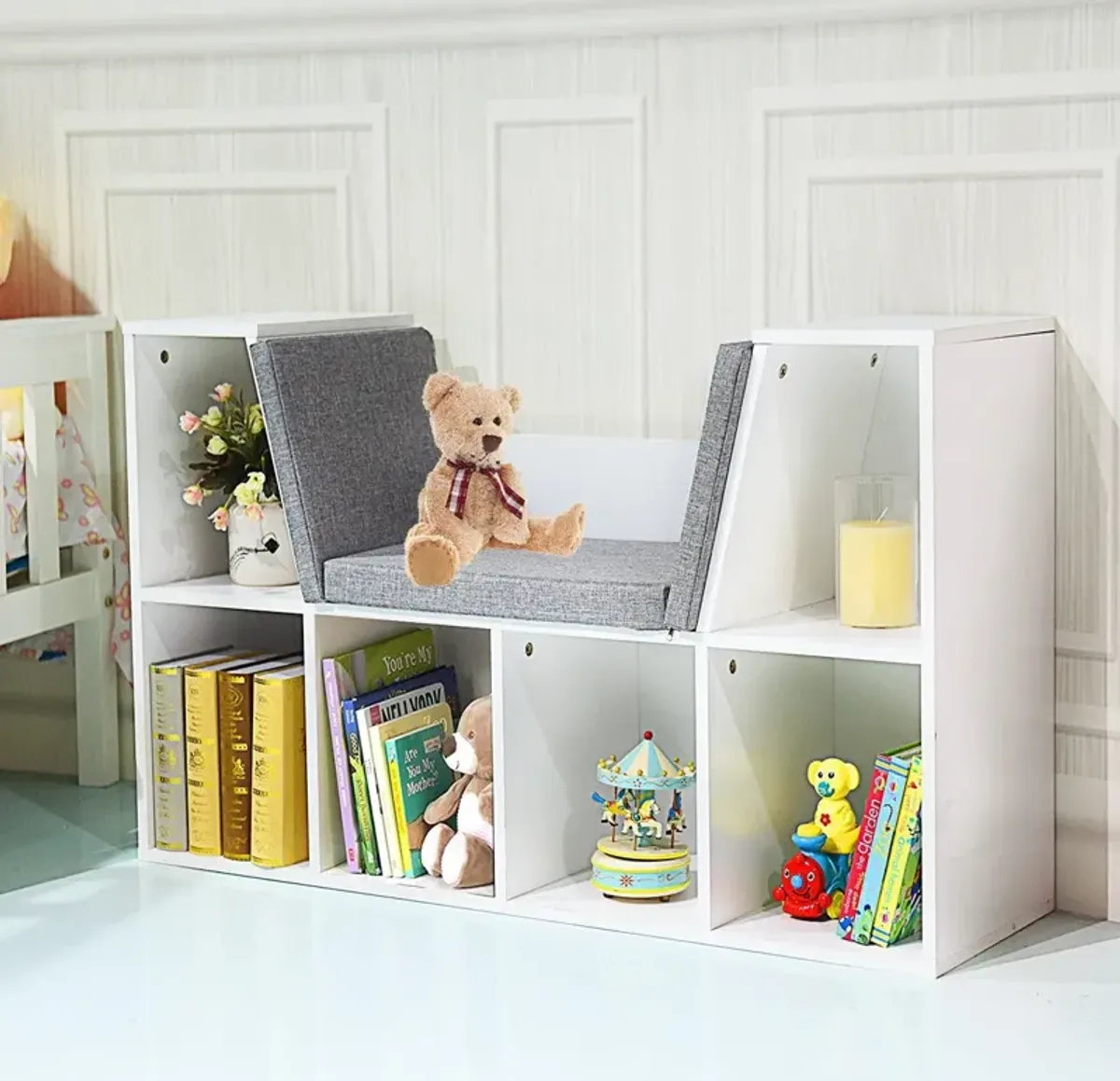 6-Cubby Kid Storage Bookcase Cushioned Reading Nook