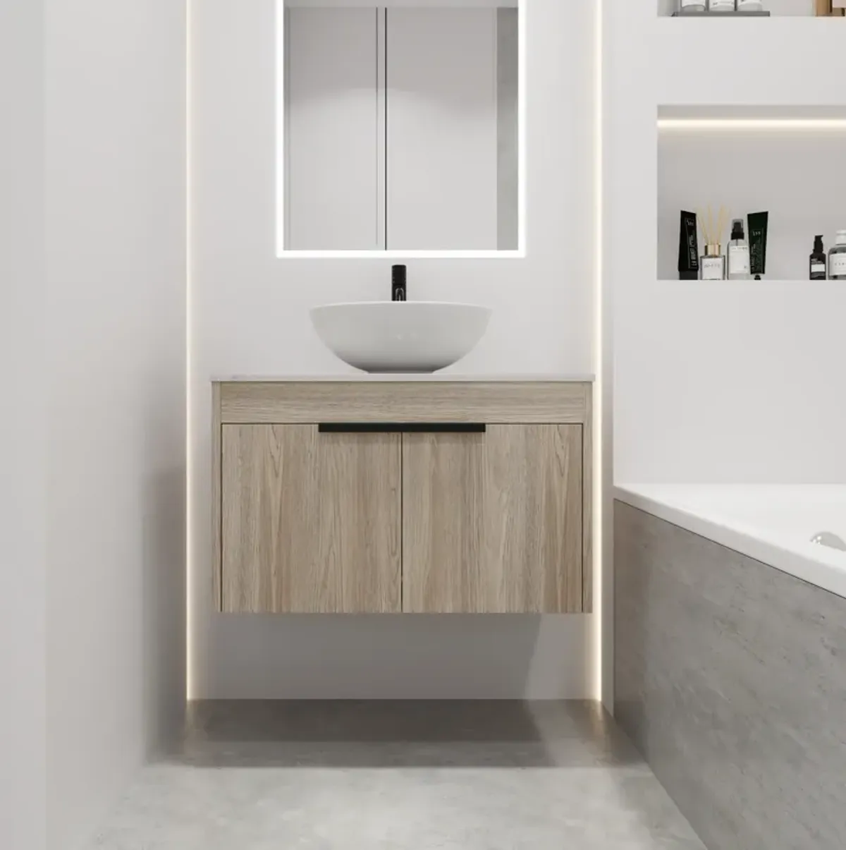 Gewnee 30" Modern Float Bathroom Vanity Set Wall Mounted White Oak Vanity