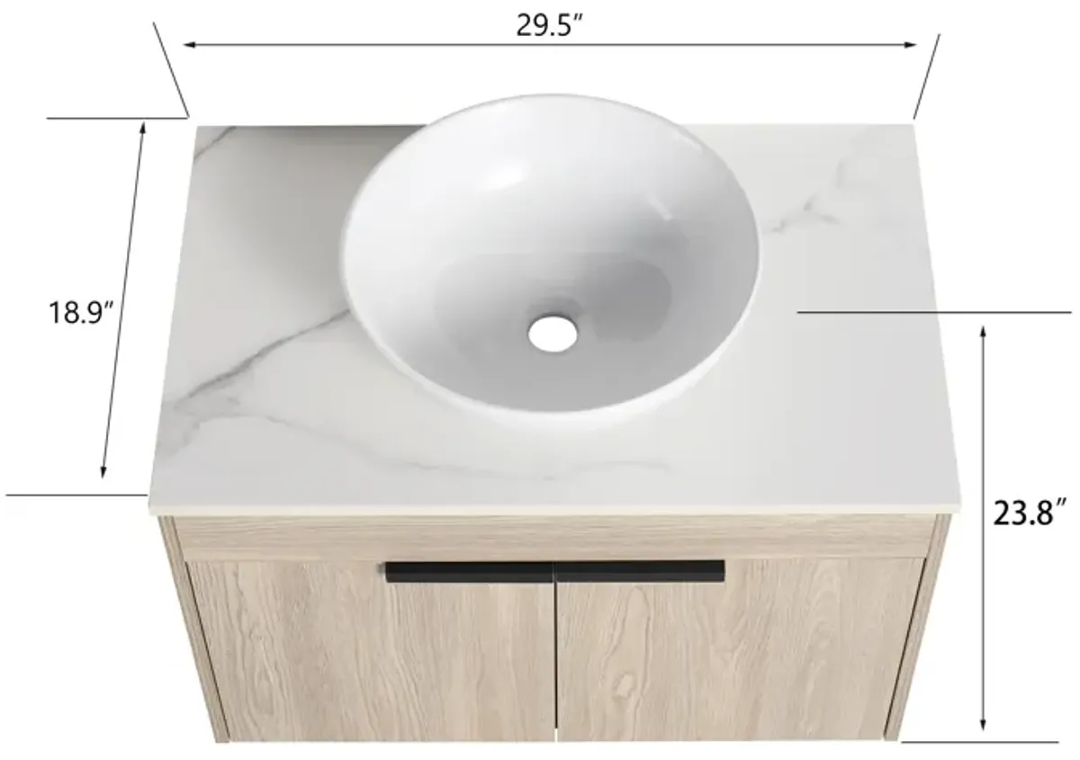 Gewnee 30" Modern Float Bathroom Vanity Set Wall Mounted White Oak Vanity