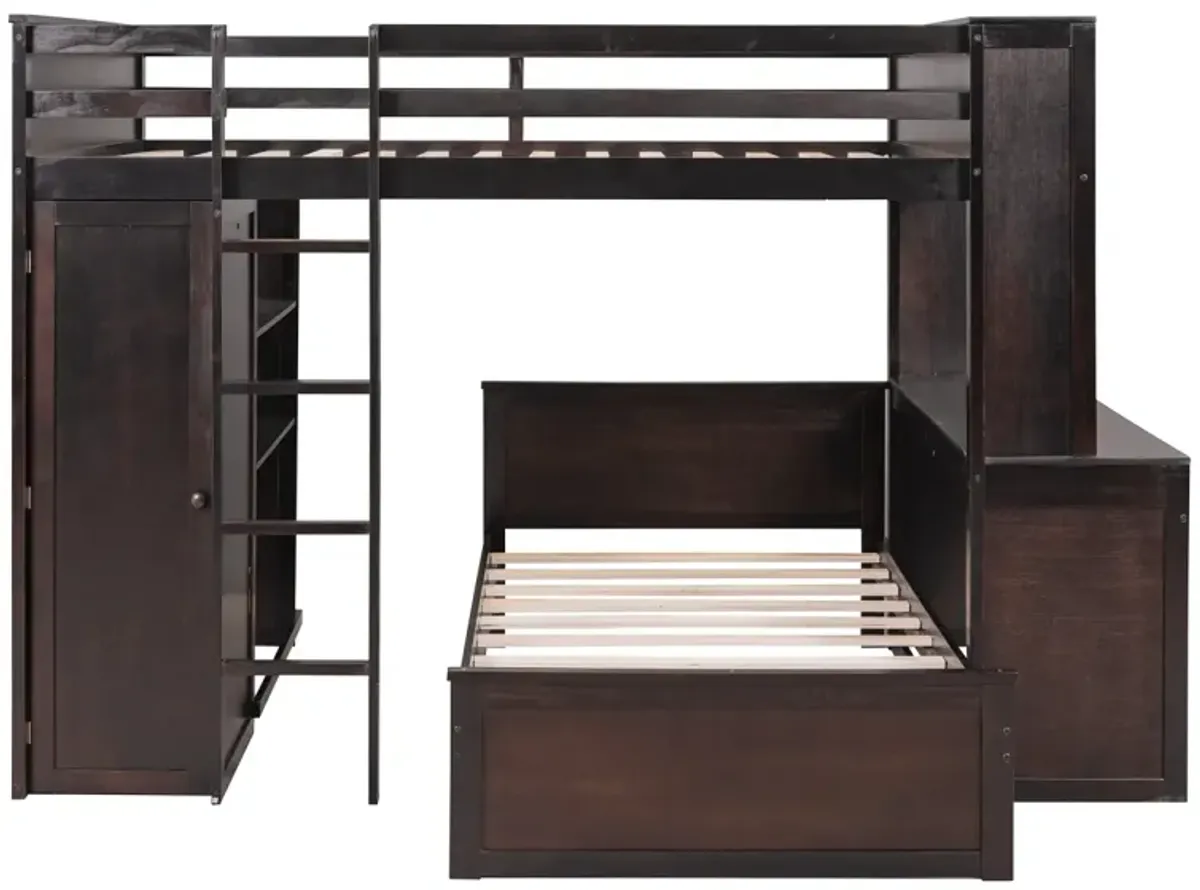 Full Size Loft Bed With A Twin Size Stand-Alone Bed, Shelves, Desk, And Wardrobe