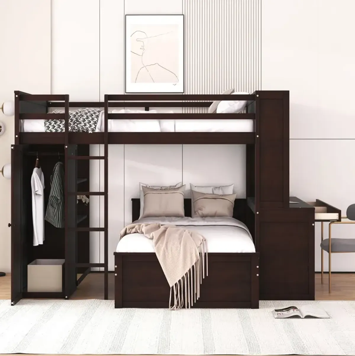 Full Size Loft Bed With A Twin Size Stand-Alone Bed, Shelves, Desk, And Wardrobe