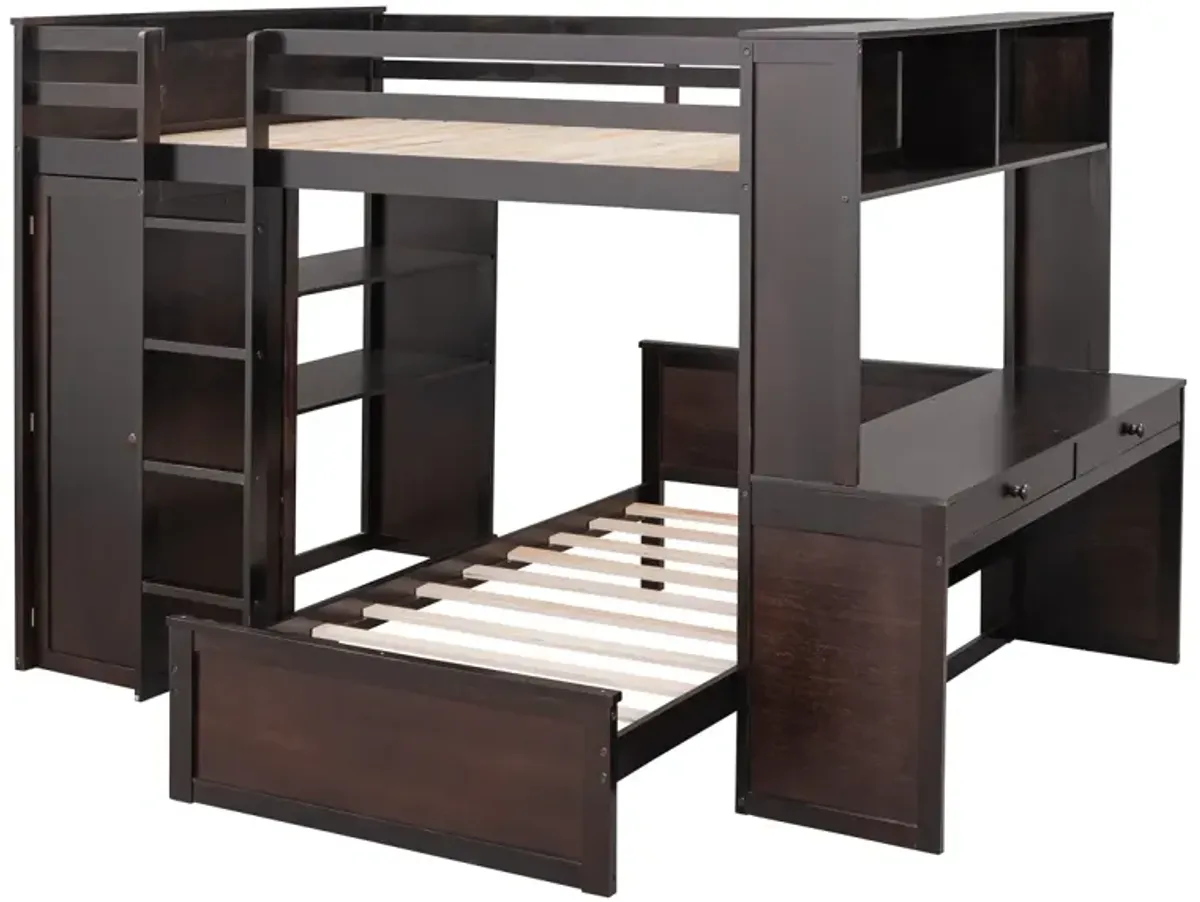 Full Size Loft Bed With A Twin Size Stand-Alone Bed, Shelves, Desk, And Wardrobe