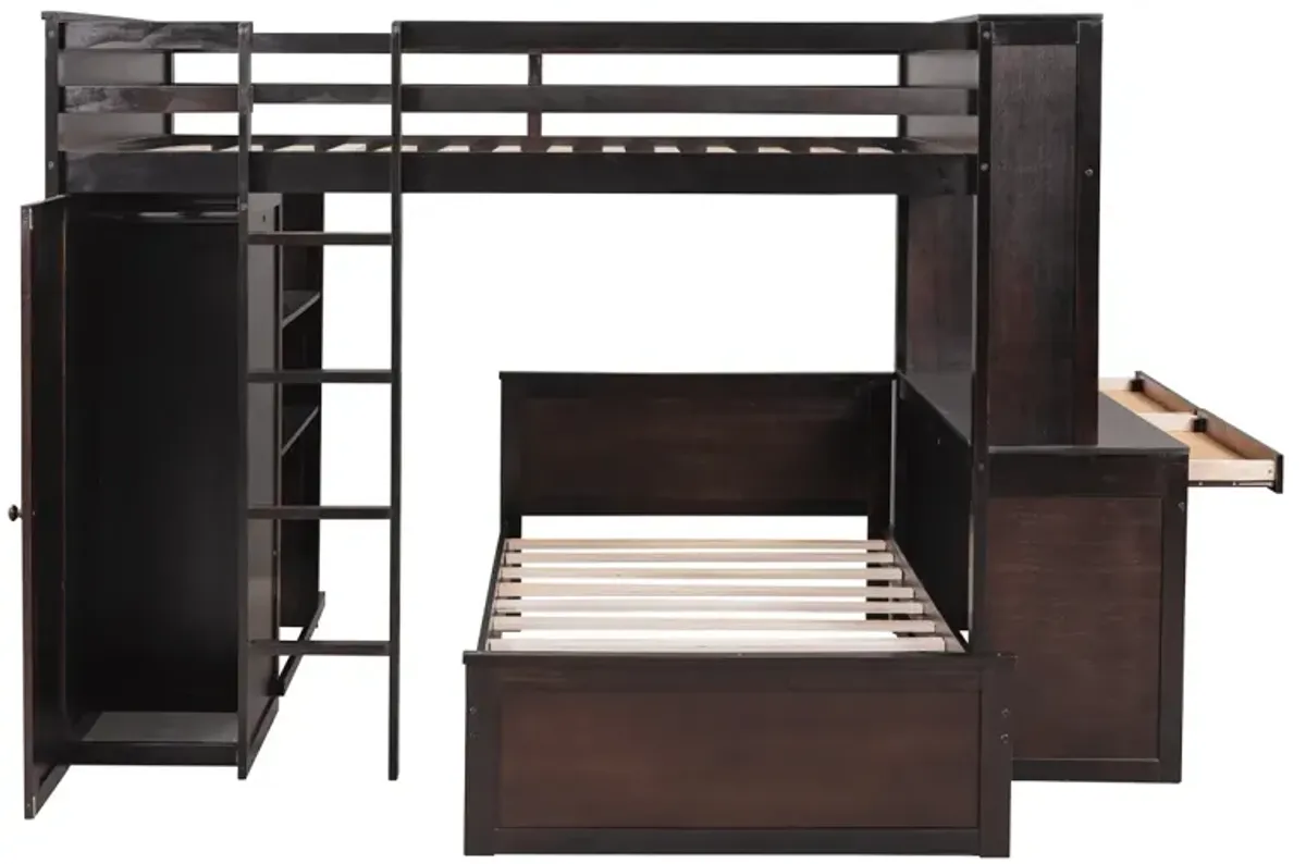 Full Size Loft Bed With A Twin Size Stand-Alone Bed, Shelves, Desk, And Wardrobe